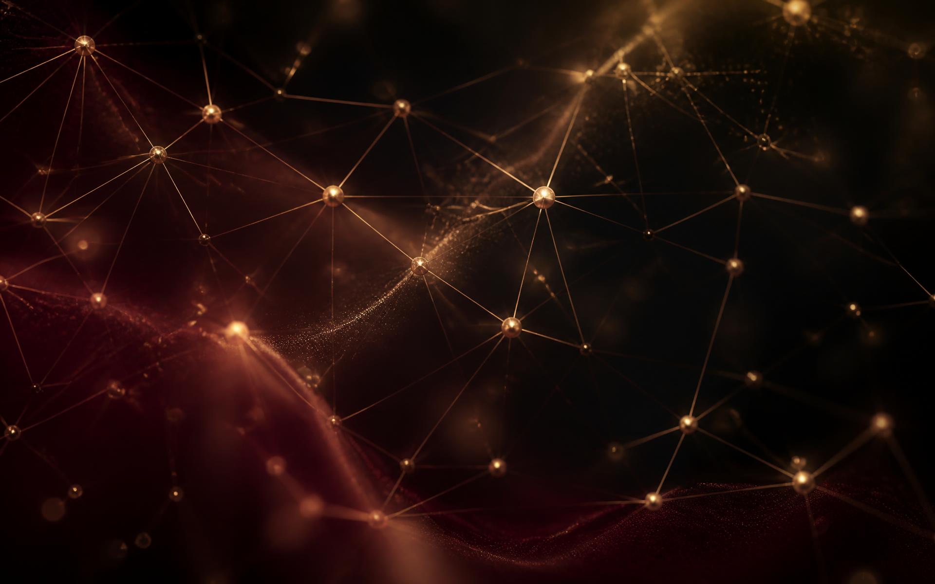 Abstract gold and burgundy network of interconnected nodes